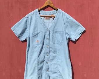 90s Denim Shirt Size Medium Vintage Top Baseball Style V Neck
