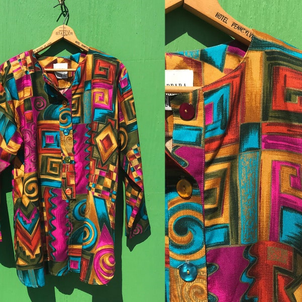 1990s Color Pop Rayon Jacket Long Sleeves Split Sides Button Up Size Large Turquoise Fuchsia Brown Orange Vintage Abstract Shirt