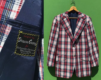 Vintage Scottish Highland Plaid Sport Coat Red White and Blue Tartan Shawn Casey Mens Jacket with Pockets Size Medium