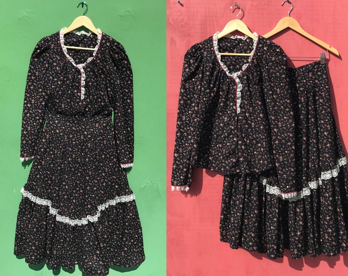 80s navy ditsy floral cottagecore prairie skirt