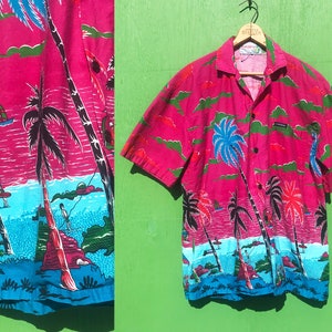 1980s Caribbean Shirt Cotton St Maarten Island Vacation Purple Pink Blue White Size Large Short Sleeves Square Hem