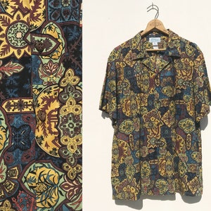 1980s Kolekole Hawaiian Shirt Size XL Cotton Short Sleeves Square Cut Hem Beach Shirt Black Brown Gold