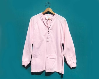 Jersey de punto de manga larga rosa de los años 80, talla XL, camisa Henley con bolsillo