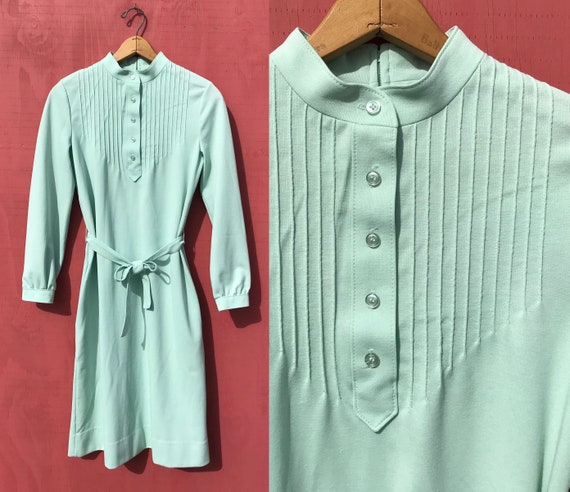 1970s Mint Green Shirt Dress with Belt Sz Small Long Sleeve Vintage Double Knit Seafoam Shift
