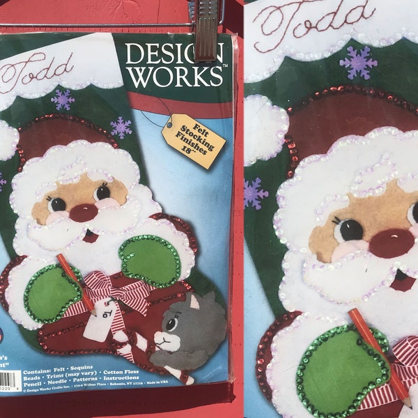 Santa and Kitten Felt Stocking KIT Personalized Sewing and Embroidery Christmas Project Design Works Crafts 18"