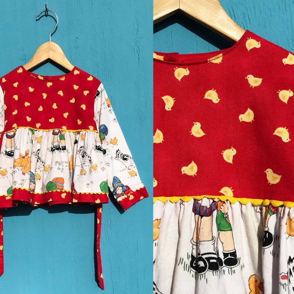 1990s Girls Dolly Dimple Chicken Dress or Top Sz 3T Cute Vintage Toddler All Cotton Red Yellow White