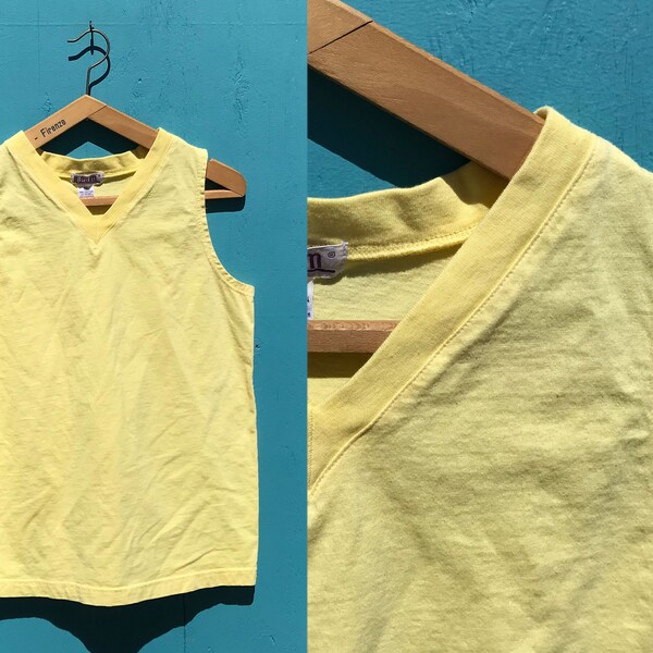 1990s Summer Tank Top V Neck Yellow Cotton Vintage Sleeveless Pullover Size Medium