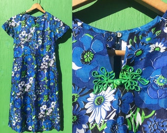 1970s Silk A Line Dress Blue Green Floral Short Sleeves Fully Lined Size Medium