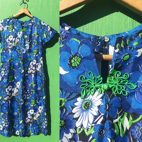 1970s Silk A Line Dress Blue Green Floral Short Sleeves Fully Lined Size Medium