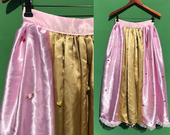 Vintage Pink Satin Princess Skirt with Roses Waist 26" Handmade Cosplay Lace Trim