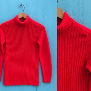1970s Red Turtleneck Sweater Sz Small Vintage Ribbed Acrylic Knit Long Sleeves Bright Candy Apple