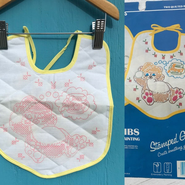 Vintage Baby Bib to Embroider Stamped Cross Stitch Quilted Bib Cute Honey Bear