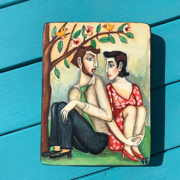 Small Emanuela Bayrakova Original Painting Signed 4x5 Naive Art Tempera on Wood Couple Talking