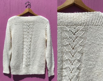 1980s Ecru Knit Sweater Acrylic Pullover Size Medium Boat Neck