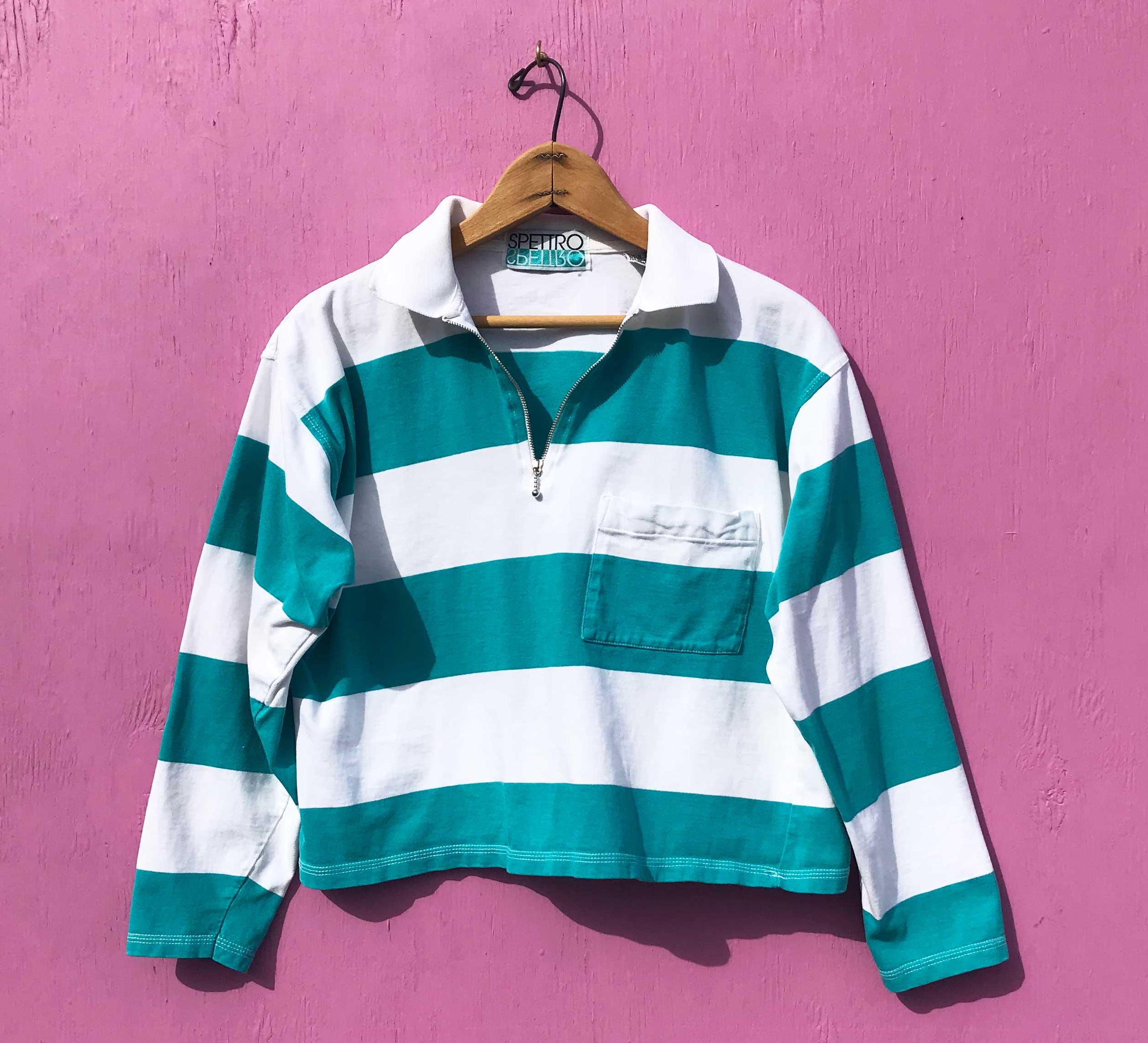 1990s Striped Crop Top Pullover Long Sleeve Rugby Style Sz Medium Vintage Turquoise Blue White