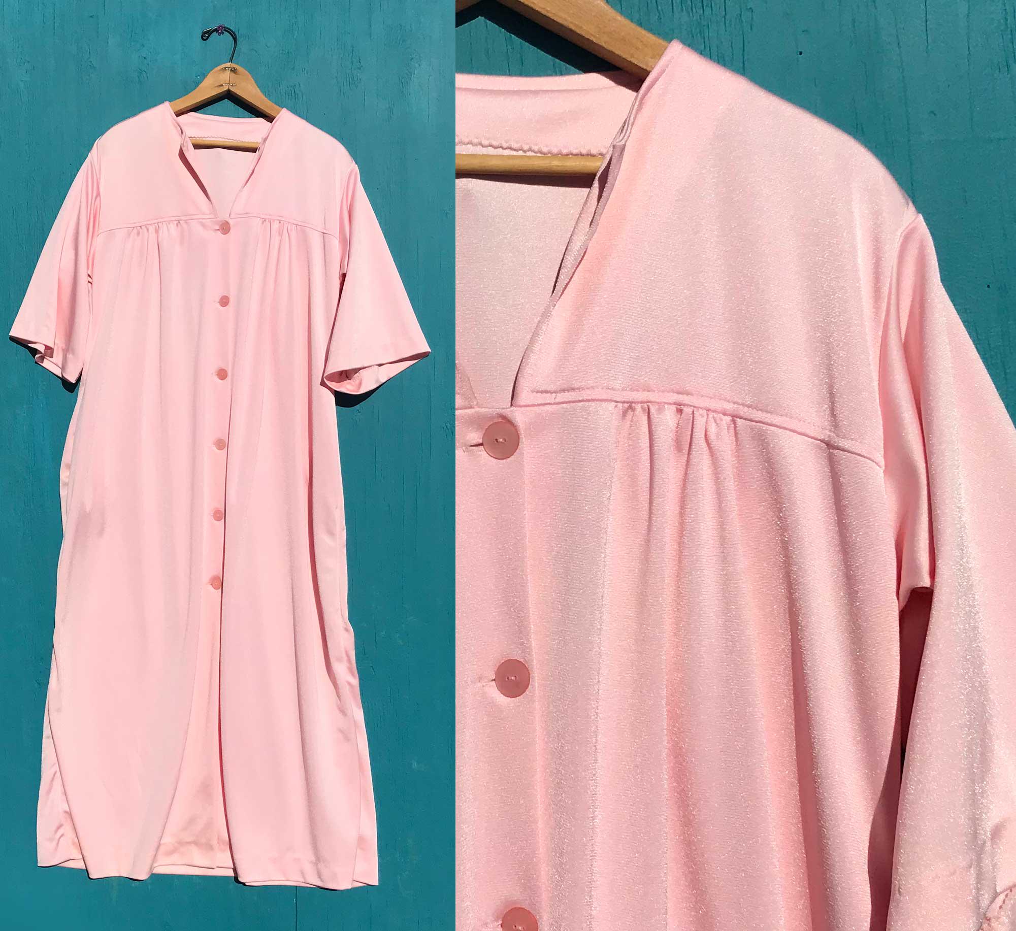 1980s Pink Maxi Housecoat Robe Vintage Soft Nylon Lingerie Button Front Size Large w Pockets