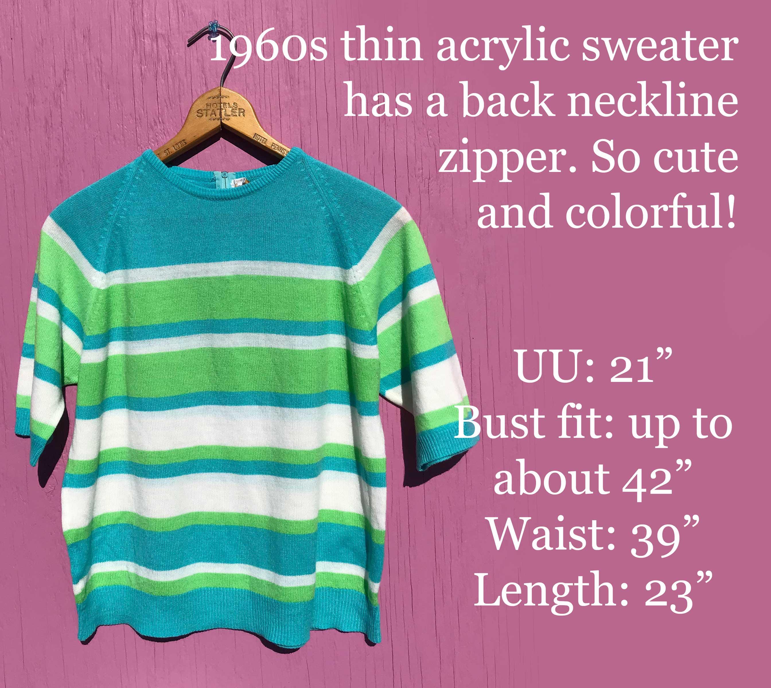 1970s Striped Pullover Top Blue Green White Size Large Spring
