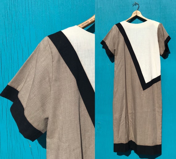 1980s Color Block Dress Short Sleeves V Back Line… - image 1