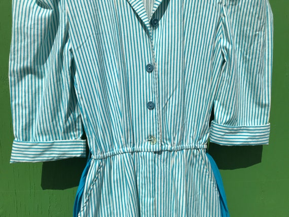 1980s Striped Cotton Jumpsuit Puff Sleeves Turquo… - image 4