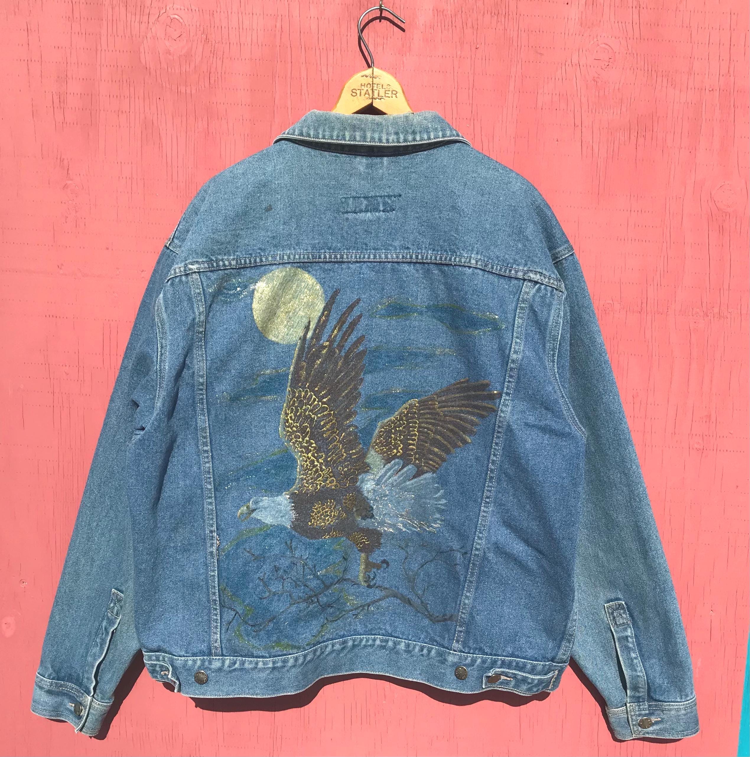 1990s Painted Denim Jacket DISTRESSED Bald Eagle Size XL Vintage Trucker