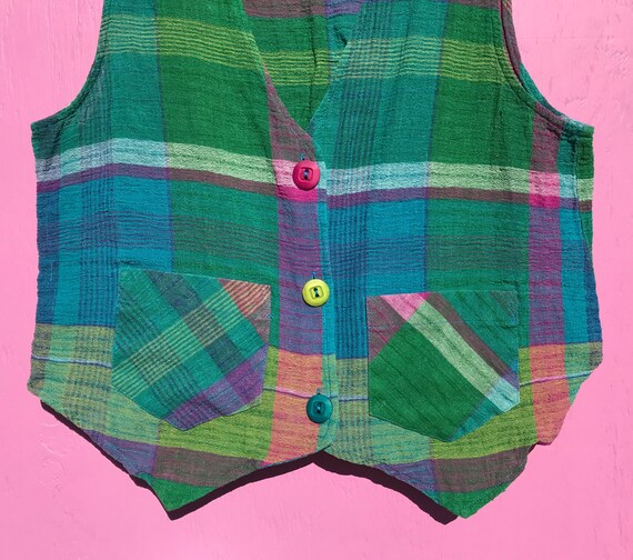 1980s Madras Plaid Vest with Pockets Size Medium … - image 4