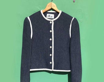 80s Cropped Jacket Size XS Vintage Prim Prairie Navy and Cream Pin Stripe