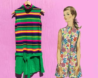 1960s Sleeveless Scooter Dress Romper Sz Small Bright Stripes Vivid Green Vintage Short Jumpsuit
