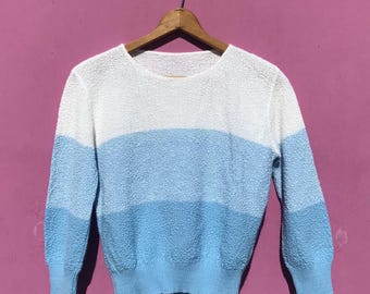 1980s Blue Ombré Sweater Top Acrylic Knit Pullover Sz Small Med Vintage Color Block