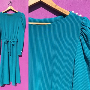 1980s Pin Striped Dress Long Puff Sleeves Size Small Teal White Vintage Secretary