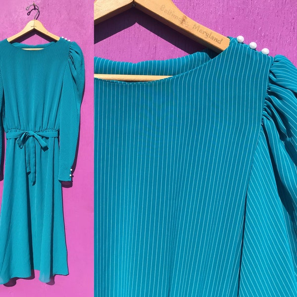 1980s Pin Striped Dress Long Puff Sleeves Size Small Teal White Vintage Secretary