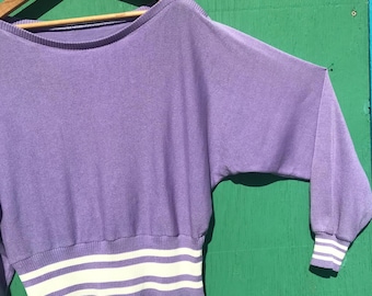 1980s Pullover Slouch Top Light Striped Purple White Long Sleeves Size Medium Large Loose Fit