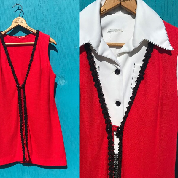 1970s Long Red Vest Black Trim Vintage Mod Fashion Sleeveless Jacket Size Medium