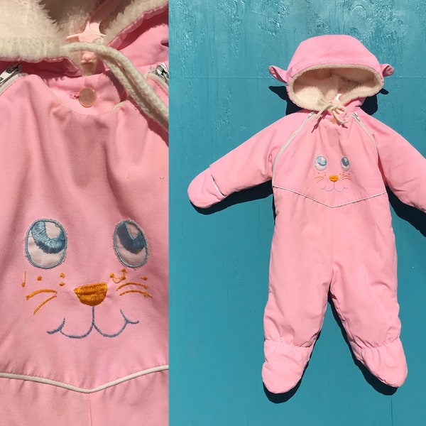 1980s Toddler Snowsuit Pink w Bunny Ears and Face 18 to 24 Months 2T Quilted Footie Doll Clothes Easter Photo Prop