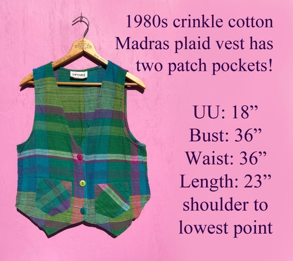 1980s Madras Plaid Vest with Pockets Size Medium … - image 8