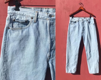 1990s Vintage Levi's 501 Button Fly Jeans Light Wash Straight Legs 36 X  30 (35 X 29.5) Made in USA