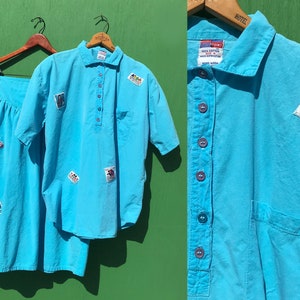 1980s Blue Top and Skirt Set 2 Piece Dress Boxy Cotton w Patches Short Sleeve Top Size Medium