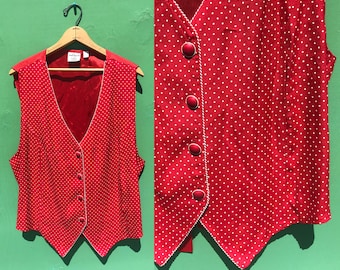 1990s Red Polka Dot Vest Vintage Waistcoat Accessory Size Extra Large Back Tie Cinch