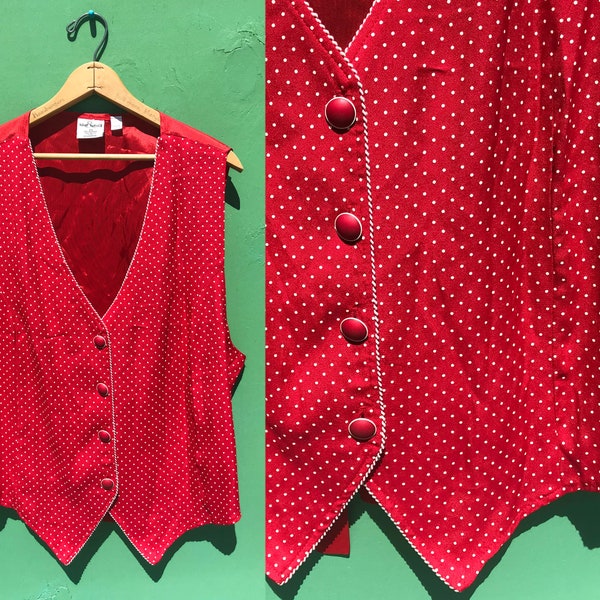 1990s Red Polka Dot Vest Vintage Waistcoat Accessory Size Extra Large Back Tie Cinch