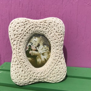 Vintage Crochet Picture Frame 5 x 7 Small Ecru Soft Neutral Cotton Home Decor