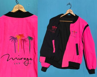 1990s Las Vegas Mirage Jacket Size Small Reversible Neon Pink and Black with Pockets Vintage Casino
