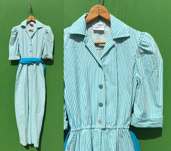 1980s Striped Cotton Jumpsuit Puff Sleeves Turquo… - image 1