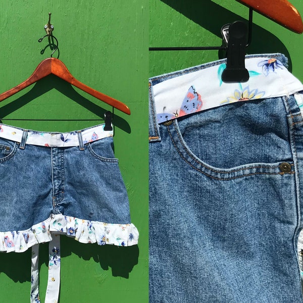 Vintage Jeans Apron Denim and Ruffles with Pockets Handmade Work Apron