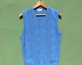 Suéter de los años 80, chaleco, talla pequeña, jersey con cuello en V, azul, vintage, pieza de capas