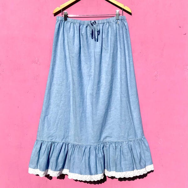 Vintage Chambray Skirt Size Medium Large Pull On Ruffle and Eyelet Hem