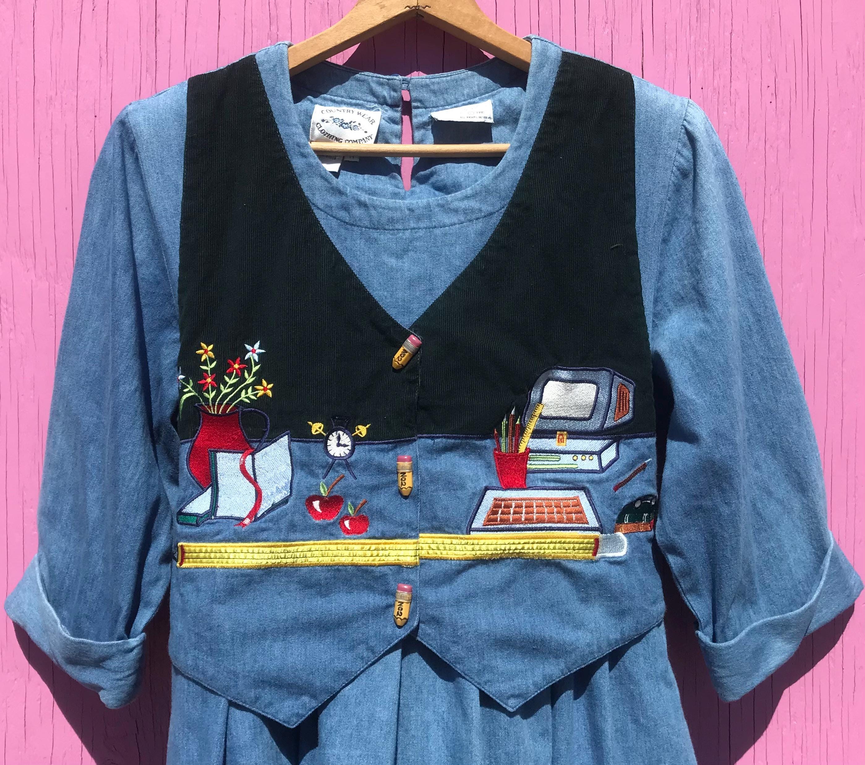 1990s Denim Teacher Dress W Embroidered Vest Half Sleeves Size Medium  Vintage Computer - Etsy