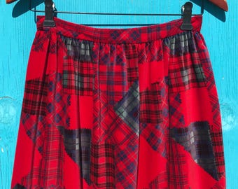 70s Red Velveteen Maxi Skirt Sz Small Vintage Blue Plaid Patchwork A Line