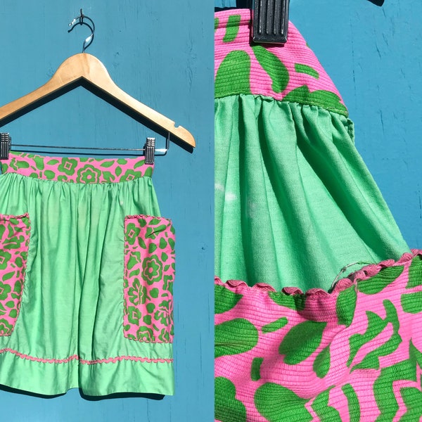 1960s Pink and Green Half Apron Big Pockets Mod Print Retro Vintage Kitchen Hostess Accessory