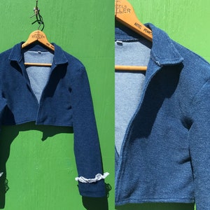 Vintage Stretch Denim Bolero Size Med Long Sleeves Lace Trim Narrow Collar Cropped Jacket