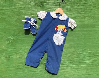 1970s Baby Girl Jumpsuit and Booties 6 - 12 Mos Blue White Red Peter Pan Collar Puff Sleeves Short Sleeve Doll Clothes Photo Prop