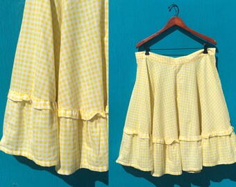 1970s Yellow Gingham Skirt Handmade Vintage Circle Skirt Size Extra Large Cottagecore Summer